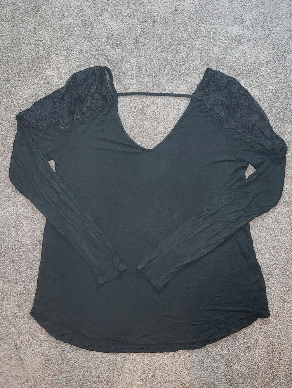 Black American Eagle Outfitters Long Sleeve Shirt Lace Shoulders V-Neck Strap